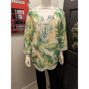 Alfred Dunner Tropical Print Top 1X Green Yellow Leaves Crochet Trim 3/4 Sleeve